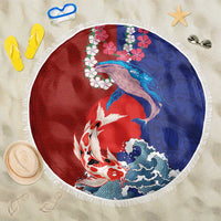 Hawaiian and Japanese Together Beach Blanket The Whale and Koi Fish with Hinomaru and Lei LT03 One Size 150cm Blue - Polynesian Pride