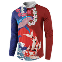 Hawaiian and Japanese Together Button Sweatshirt The Whale and Koi Fish with Hinomaru and Lei LT03 - Polynesian Pride