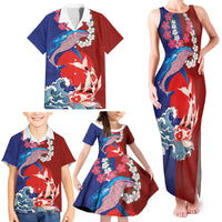 Hawaiian and Japanese Together Family Matching Tank Maxi Dress and Hawaiian Shirt The Whale and Koi Fish with Hinomaru and Lei