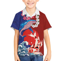 Hawaiian and Japanese Together Family Matching Tank Maxi Dress and Hawaiian Shirt The Whale and Koi Fish with Hinomaru and Lei