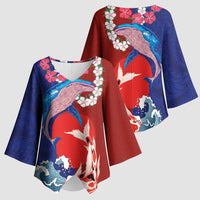 Hawaiian and Japanese Together Kimono Sleeve Blouse The Whale and Koi Fish with Hinomaru and Lei - Polynesian Pride