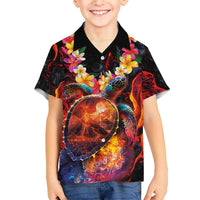Hawaiian Turtle with Volcanic Eruption Kid Hawaiian Shirt Hibiscus Lei and Lava Flow an Abstract Texture