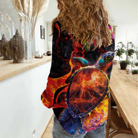 Hawaiian Turtle with Volcanic Eruption Women Casual Shirt Hibiscus Lei and Lava Flow an Abstract Texture