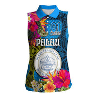 Palau Independence Day Women Sleeveless Polo Shirt 1st October 30th Anniversary Polynesian Jungle Flower