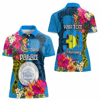 Personalised Palau Independence Day Women Polo Shirt 1st October 30th Anniversary Polynesian Jungle Flower