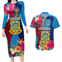 Tuvalu Independence Day Couples Matching Long Sleeve Bodycon Dress and Hawaiian Shirt 1st October 46th Anniversary Polynesian Jungle Flower