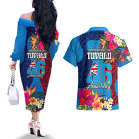 Tuvalu Independence Day Couples Matching Off The Shoulder Long Sleeve Dress and Hawaiian Shirt 1st October 46th Anniversary Polynesian Jungle Flower