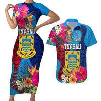 Tuvalu Independence Day Couples Matching Short Sleeve Bodycon Dress and Hawaiian Shirt 1st October 46th Anniversary Polynesian Jungle Flower LT03 Blue - Polynesian Pride