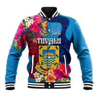 Personalised Tuvalu Independence Day Baseball Jacket 1st October 46th Anniversary Polynesian Jungle Flower LT03 Unisex Blue - Polynesian Pride