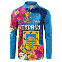 Personalised Tuvalu Independence Day Button Sweatshirt 1st October 46th Anniversary Polynesian Jungle Flower LT03 Blue - Polynesian Pride