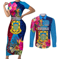 Personalised Tuvalu Independence Day Couples Matching Short Sleeve Bodycon Dress and Long Sleeve Button Shirt 1st October 46th Anniversary Polynesian Jungle Flower LT03 Blue - Polynesian Pride