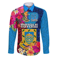 Personalised Tuvalu Independence Day Family Matching Long Sleeve Bodycon Dress and Hawaiian Shirt 1st October 46th Anniversary Polynesian Jungle Flower LT03 Dad's Shirt - Long Sleeve Blue - Polynesian Pride