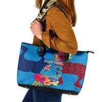 Personalised Tuvalu Independence Day Leather Tote Bag 1st October 46th Anniversary Polynesian Jungle Flower LT03 Blue - Polynesian Pride