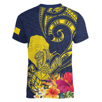 Niue Independence Day Women V-Neck T-Shirt Hiapo Pattern Hibiscus Plumeria and Uga