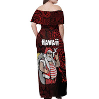 Hawaii Aloha Santa Claus Funny Polynesian Tattoo Off Shoulder Maxi Dress Red Color LT03 - Polynesian Pride