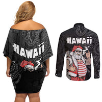 Hawaii Aloha Santa Claus Funny Polynesian Tattoo Couples Matching Off Shoulder Short Dress and Long Sleeve Button Shirt Black Color LT03 - Polynesian Pride