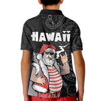 Hawaii Aloha Santa Claus Funny Polynesian Tattoo Kid Polo Shirt Black Color
