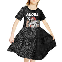Hawaii Aloha Santa Claus Funny Polynesian Tattoo Kid Short Sleeve Dress Black Color
