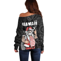 Hawaii Aloha Santa Claus Funny Polynesian Tattoo Off Shoulder Sweater Black Color