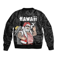 Hawaii Aloha Santa Claus Funny Polynesian Tattoo Sleeve Zip Bomber Jacket Black Color