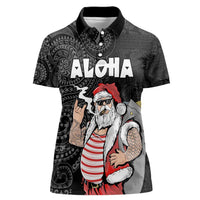 Hawaii Aloha Santa Claus Funny Polynesian Tattoo Women Polo Shirt Black Color