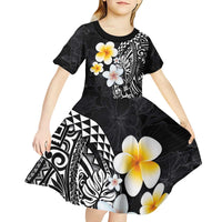 Hawaiian Hibiscus and Plumeria Polynesian Tribal Tattoo Kid Short Sleeve Dress Black Color