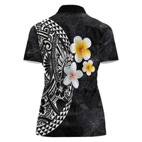 Hawaiian Hibiscus and Plumeria Polynesian Tribal Tattoo Women Polo Shirt Black Color