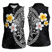 Hawaiian Hibiscus and Plumeria Polynesian Tribal Tattoo Women Sleeveless Polo Shirt Black Color