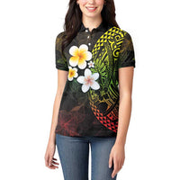 Hawaiian Hibiscus and Plumeria Polynesian Tribal Tattoo Women Polo Shirt Reggae Color