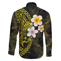 Hawaiian Hibiscus and Plumeria Polynesian Tribal Tattoo Family Matching Off The Shoulder Long Sleeve Dress and Hawaiian Shirt Yellow Color