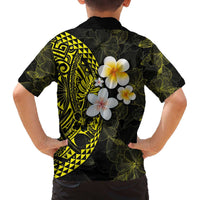 Hawaiian Hibiscus and Plumeria Polynesian Tribal Tattoo Family Matching Off Shoulder Short Dress and Hawaiian Shirt Yellow Color