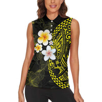 Hawaiian Hibiscus and Plumeria Polynesian Tribal Tattoo Women Sleeveless Polo Shirt Yellow Color