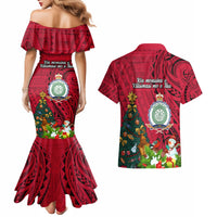 Niue Christmas Couples Matching Mermaid Dress and Hawaiian Shirt Coat of Arms and Polynesian Tattoo Xmas Element Christmas Red Vibe LT03 - Polynesian Pride