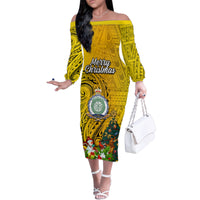 Niue Christmas Family Matching Off Shoulder Long Sleeve Dress and Hawaiian Shirt Coat of Arms and Polynesian Tattoo Xmas Element Christmas Yellow Vibe LT03 Mom's Dress Yellow - Polynesian Pride