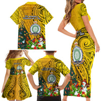 Niue Christmas Family Matching Short Sleeve Bodycon Dress and Hawaiian Shirt Coat of Arms and Polynesian Tattoo Xmas Element Christmas Yellow Vibe LT03 - Polynesian Pride