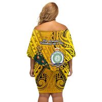 Niue Christmas Off Shoulder Short Dress Coat of Arms and Polynesian Tattoo Xmas Element Christmas Yellow Vibe LT03 - Polynesian Pride