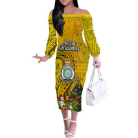 Niue Christmas Off The Shoulder Long Sleeve Dress Coat of Arms and Polynesian Tattoo Xmas Element Christmas Yellow Vibe LT03 Women Yellow - Polynesian Pride