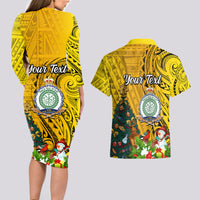 Personalised Niue Christmas Couples Matching Long Sleeve Bodycon Dress and Hawaiian Shirt Coat of Arms and Polynesian Tattoo Xmas Element Christmas Yellow Vibe LT03 - Polynesian Pride