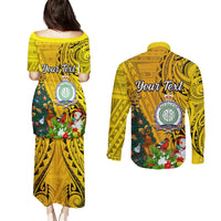 Personalised Niue Christmas Couples Matching Puletasi Dress and Long Sleeve Button Shirt Coat of Arms and Polynesian Tattoo Xmas Element Christmas Yellow Vibe LT03 - Polynesian Pride