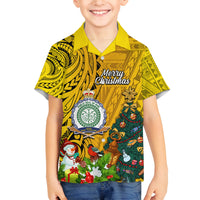 Personalised Niue Christmas Family Matching Off Shoulder Long Sleeve Dress and Hawaiian Shirt Coat of Arms and Polynesian Tattoo Xmas Element Christmas Yellow Vibe LT03 Son's Shirt Yellow - Polynesian Pride