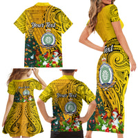 Personalised Niue Christmas Family Matching Short Sleeve Bodycon Dress and Hawaiian Shirt Coat of Arms and Polynesian Tattoo Xmas Element Christmas Yellow Vibe LT03 - Polynesian Pride