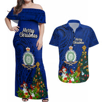 Niue Christmas Couples Matching Off Shoulder Maxi Dress and Hawaiian Shirt Coat of Arms and Polynesian Tattoo Xmas Element Christmas Blue Vibe LT03 Blue - Polynesian Pride