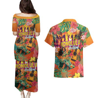 Hawaiian Honolulu Festival Couples Matching Puletasi and Hawaiian Shirt Hawaiian Identity - Hula Dancer and Ukulele Tropical Plants Style