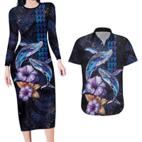Hawaiian Whales Love Couple Couples Matching Long Sleeve Bodycon Dress and Hawaiian Shirt Hibiscus and Kakau Art Tattoo Night Sky Vibe