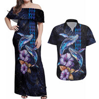 Hawaiian Whales Love Couple Couples Matching Off Shoulder Maxi Dress and Hawaiian Shirt Hibiscus and Kakau Art Tattoo Night Sky Vibe