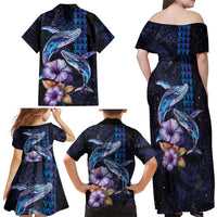 Hawaiian Whales Love Couple Family Matching Off Shoulder Maxi Dress and Hawaiian Shirt Hibiscus and Kakau Art Tattoo Night Sky Vibe