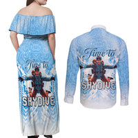 New Zealand Sky Diving Couples Matching Off Shoulder Maxi Dress and Long Sleeve Button Shirt Lets Get High LT05 - Polynesian Pride
