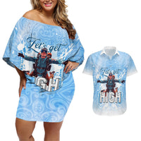 New Zealand Sky Diving Couples Matching Off Shoulder Short Dress and Hawaiian Shirt Lets Get High LT05 Blue - Polynesian Pride