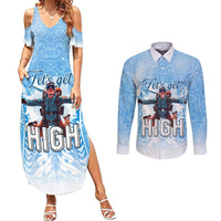 New Zealand Sky Diving Couples Matching Summer Maxi Dress and Long Sleeve Button Shirt Lets Get High LT05 Blue - Polynesian Pride