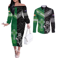 New Zealand And Ireland Rugby Custom Couples Matching Off The Shoulder Long Sleeve Dress and Long Sleeve Button Shirt Maori Tiki With Shamrock